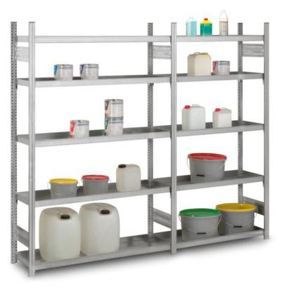 Kleingebinderegal: Wannenbodenregal mit Anbaufeld für Dachlagerung, BxHxT 2000x1310x635mm, Mit 4 Wannenböden, Beidseitig, Verzinkte Ständer und Traversene